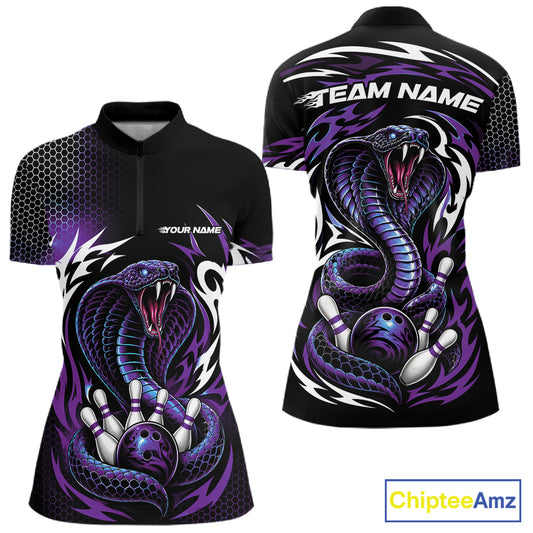 Custom Purple Tribal Cobra Snake Bowling Jerseys Bowling Women Quarter-Zip Shirt IPHW11712