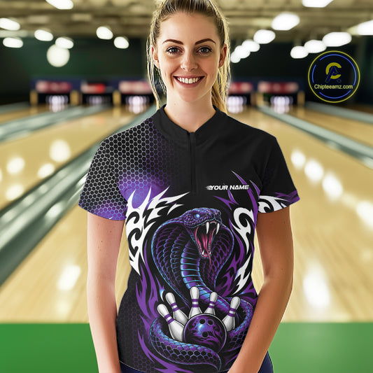 Custom Purple Tribal Cobra Snake Bowling Jerseys Bowling Women Quarter-Zip Shirt IPHW11712