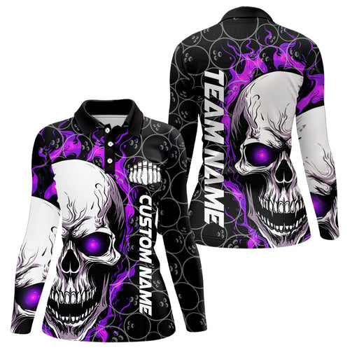 Custom Black And Purple Flaming Skull Bowling Women Long Sleeve Polo Shirt, Halloween Outfits IPHW5181