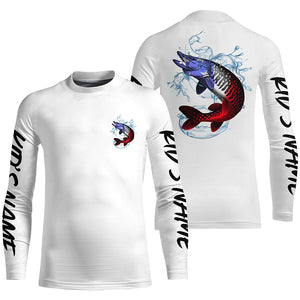 Personalized American Flag Musky Fishing Shirts, Patriotic Muskie Long Sleeve Fishing Shirts IPHW6274