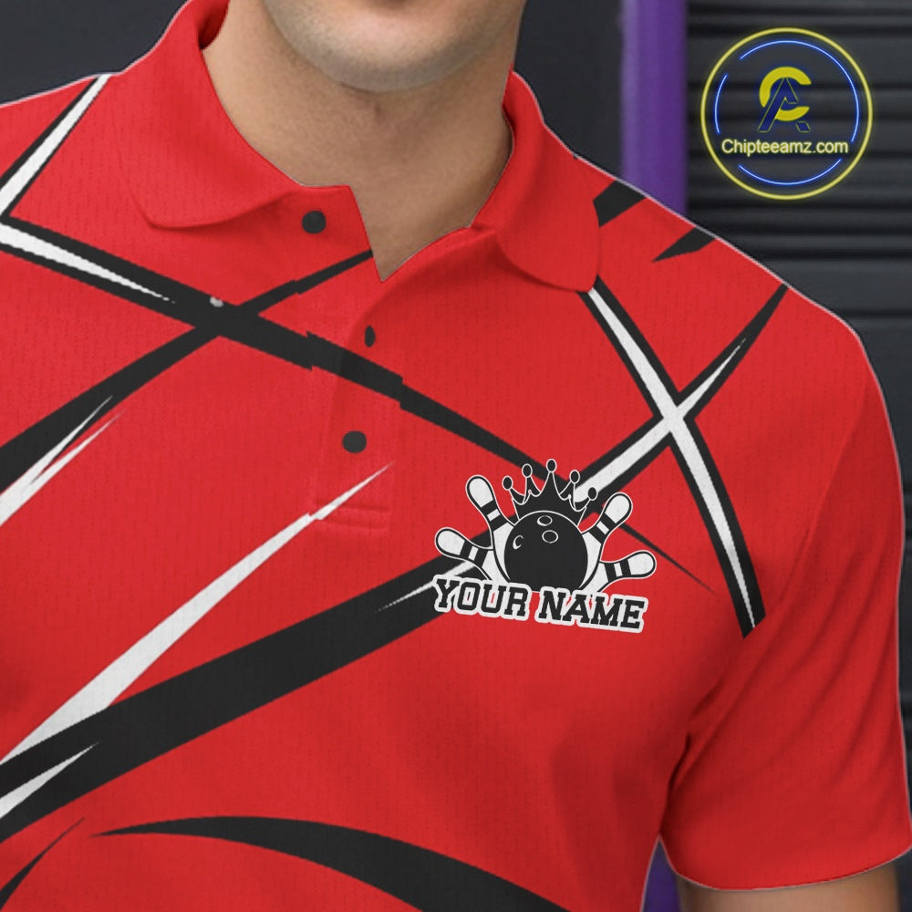 Close-up of the left chest area on a bowling polo shirt featuring a red, black, and white sporty jersey design