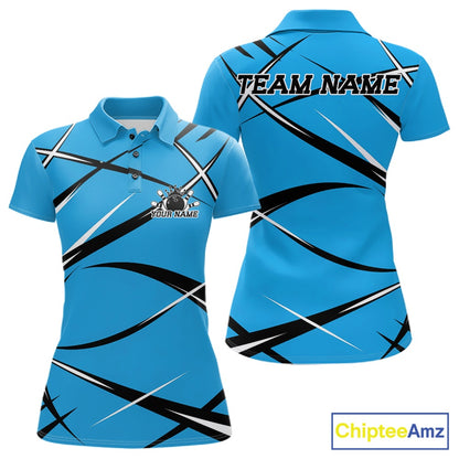 Front and back view of a women's bowling polo shirt mockup with a blue, black, and white athletic bowling jersey pattern