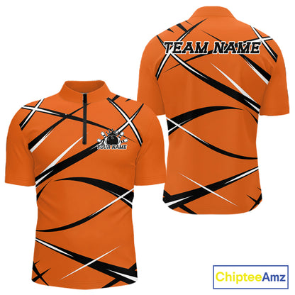 Front and back mockup of a men's quarter zip bowling shirt in orange, black, and white with a custom name.
