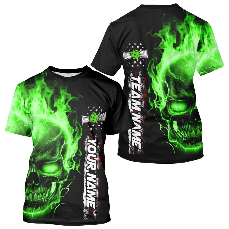 Flame Skull American Flag Custom Team Pickleball Shirts For Men, Patriotic Pickleball Jerseys IPHW5192