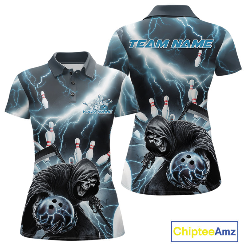 Custom Blue Thunder Lightning Grim Reaper Bowling Women Polo Shirt, Halloween Outfit IPHW9797