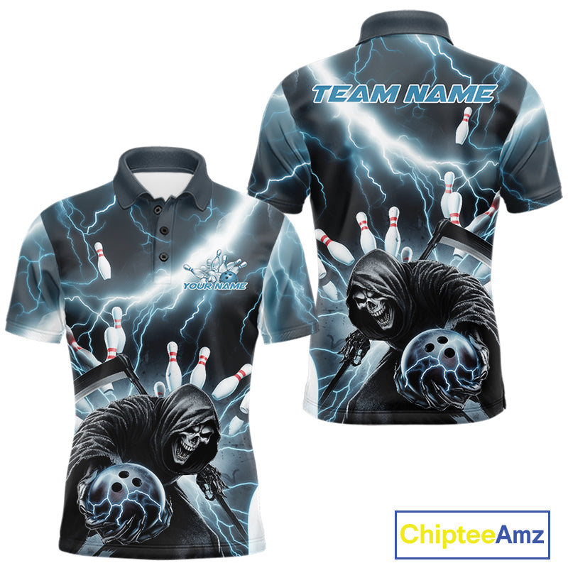 Custom Blue Thunder Lightning Grim Reaper Bowling Men Polo Shirt, Halloween Bowling Outfit IPHW9797