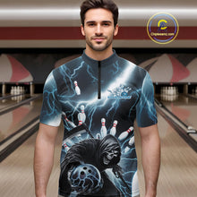 Load image into Gallery viewer, Custom Blue Thunder Lightning Grim Reaper Bowling Men Quarter-Zip Shirt, Halloween Bowling Outfit IPHW9797
