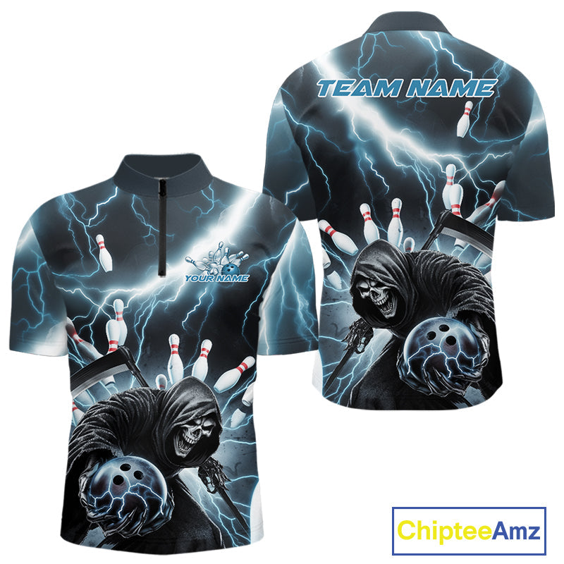 Custom Blue Thunder Lightning Grim Reaper Bowling Men Quarter-Zip Shirt, Halloween Bowling Outfit IPHW9797