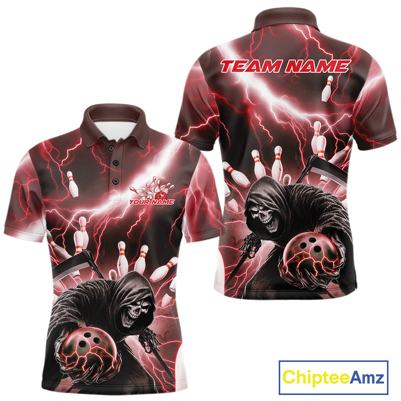 Custom Red Thunder Lightning Grim Reaper Bowling Men Polo Shirt, Halloween Bowling Outfit IPHW9798