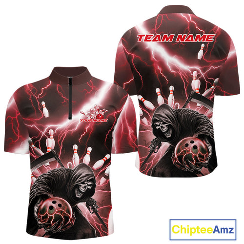 Custom Red Thunder Lightning Grim Reaper Bowling Men Quarter-Zip Shirt, Halloween Bowling Outfit IPHW9798