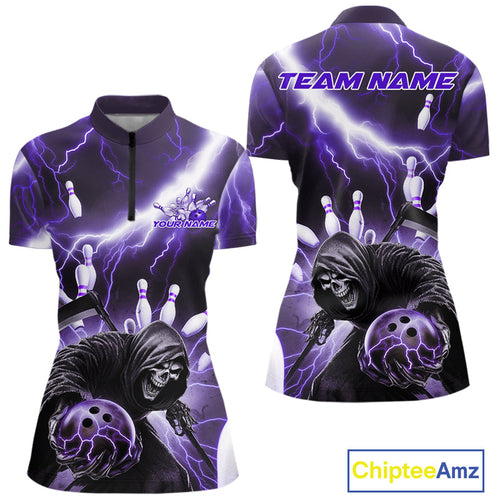 Custom Purple Lightning Grim Reaper Bowling Women Quarter-Zip Shirt, Halloween Outfit IPHW9799