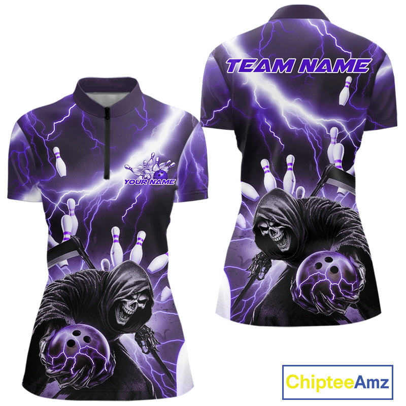 Custom Purple Lightning Grim Reaper Bowling Women Quarter-Zip Shirt, Halloween Outfit IPHW9799
