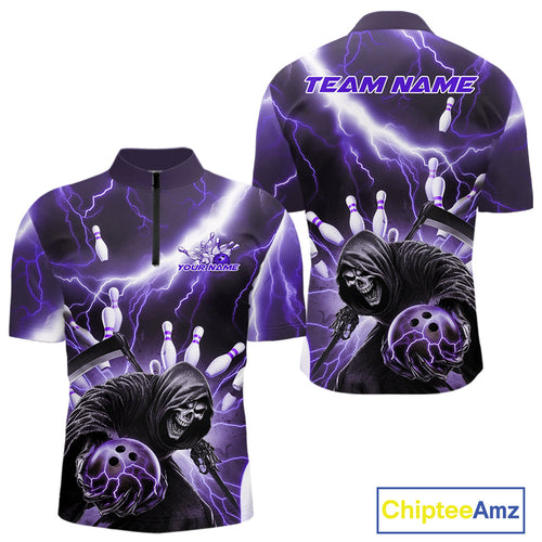 Custom Purple Thunder Lightning Grim Reaper Bowling Men Quarter-Zip Shirt, Halloween Outfit IPHW9799
