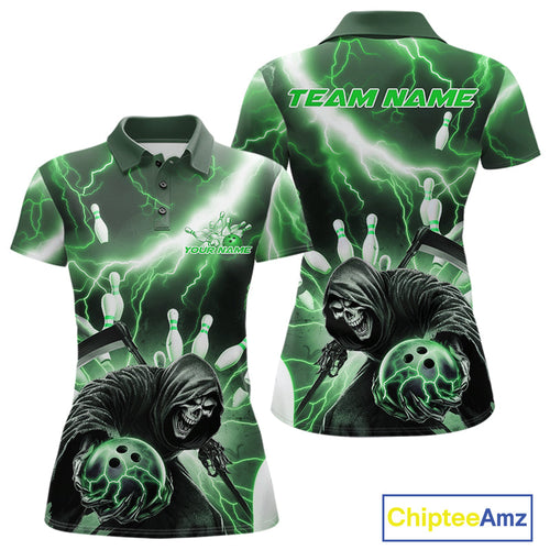 Custom Green Thunder Lightning Grim Reaper Bowling Women Polo Shirt, Halloween Outfit IPHW9800