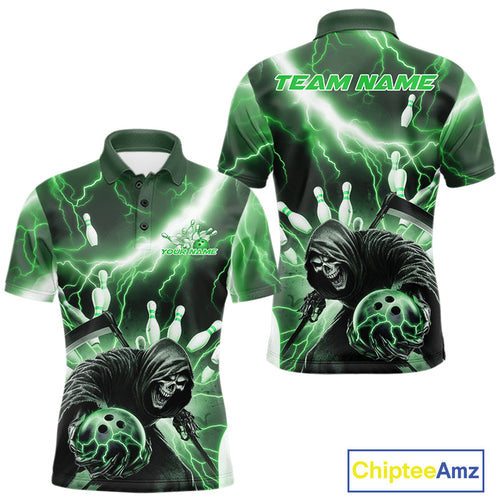 Custom Green Thunder Lightning Grim Reaper Bowling Men Polo Shirt, Halloween Bowling Outfit IPHW9800