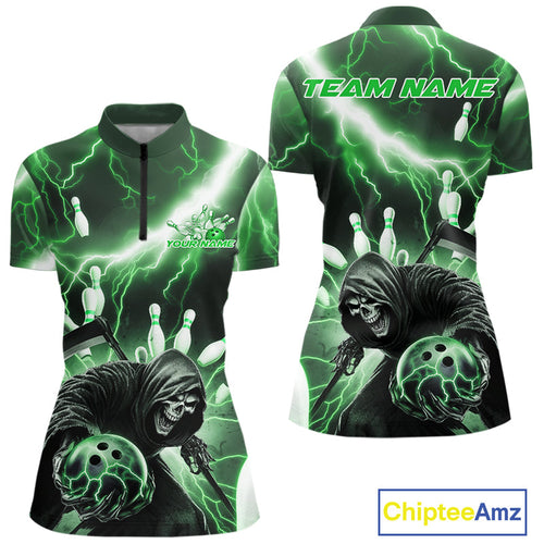 Custom Green Lightning Grim Reaper Bowling Women Quarter-Zip Shirt, Halloween Outfit IPHW9800