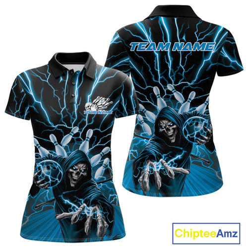 Custom Black And Blue Lightning Grim Reaper Bowling Women Polo Shirt, Halloween Outfit IPHW9804