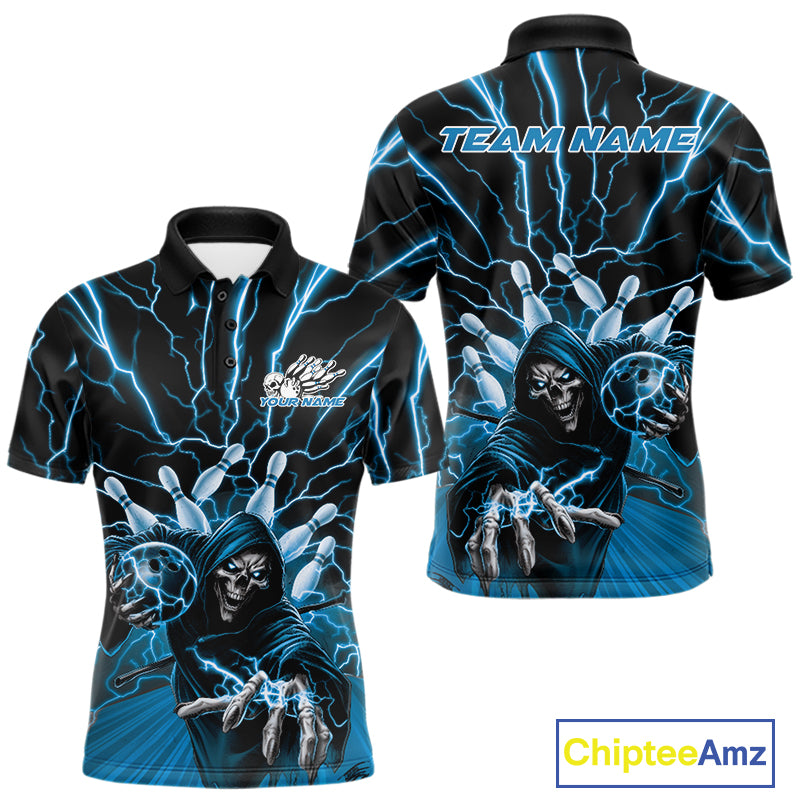 Custom Black And Blue Lightning Grim Reaper Bowling Men Polo Shirt, Halloween Outfit IPHW9804