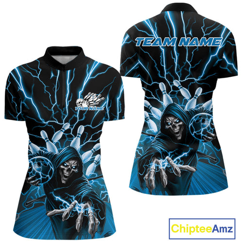 Custom Blue Lightning Grim Reaper Bowling Women Quarter-Zip Shirt, Halloween Outfit IPHW9804