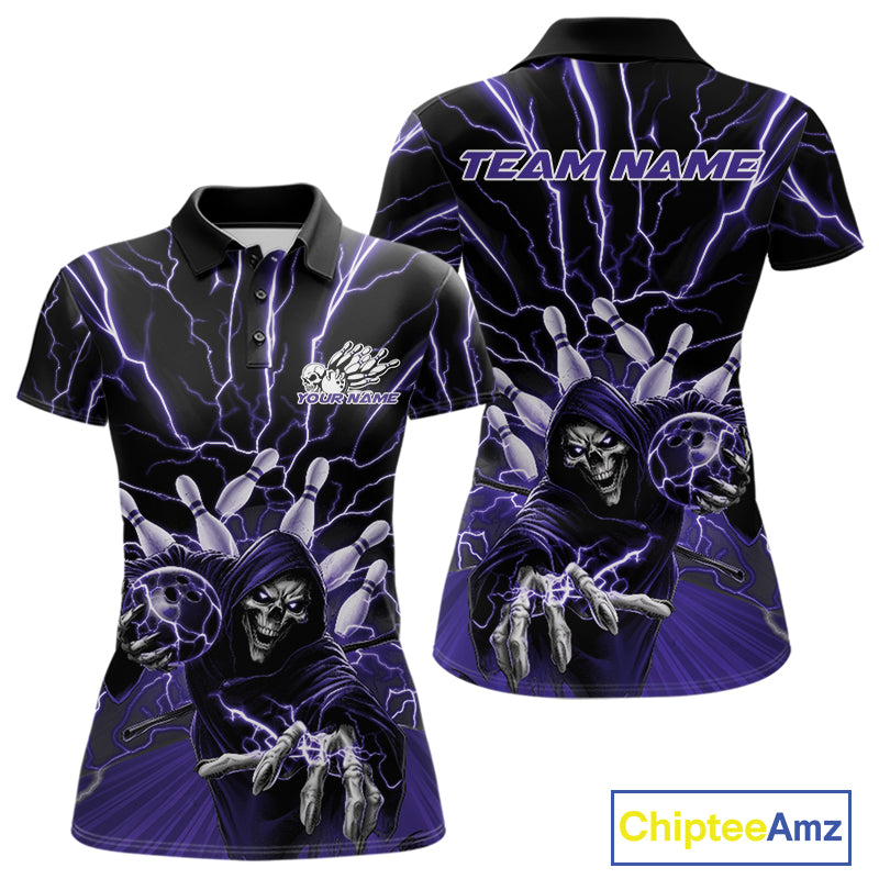 Custom Black And Purple Lightning Grim Reaper Bowling Women Polo Shirt, Halloween Outfit IPHW9805
