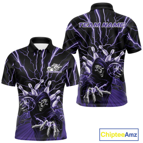 Custom Black And Purple Lightning Grim Reaper Bowling Men Polo Shirt, Halloween Outfit IPHW9805