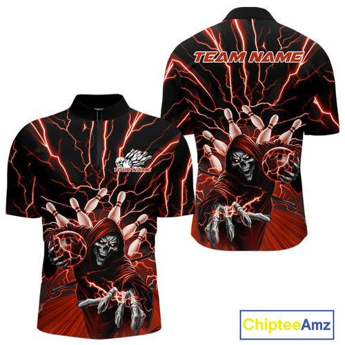 Custom Black And Red Lightning Grim Reaper Bowling Men Quarter-Zip Shirt, Halloween Outfit IPHW9806