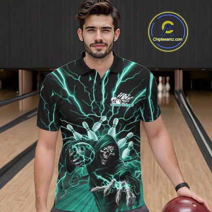 Custom Black And Green Lightning Grim Reaper Bowling Men Polo Shirt, Halloween Outfit IPHW9807