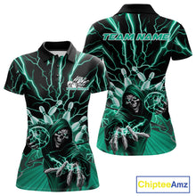 Load image into Gallery viewer, Custom Black And Green Lightning Grim Reaper Bowling Women Polo Shirt, Halloween Outfit IPHW9807