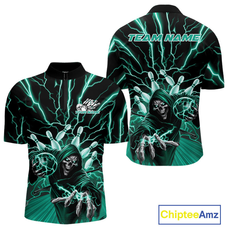 Custom Black And Green Lightning Grim Reaper Bowling Men Quarter-Zip Shirt, Halloween Outfit IPHW9807