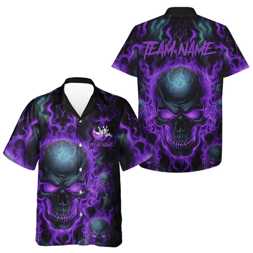 Custom Bowling Hawaiian Shirts Men Purple Flame Skull Team Bowling Jerseys Halloween Outfits IPHW5380