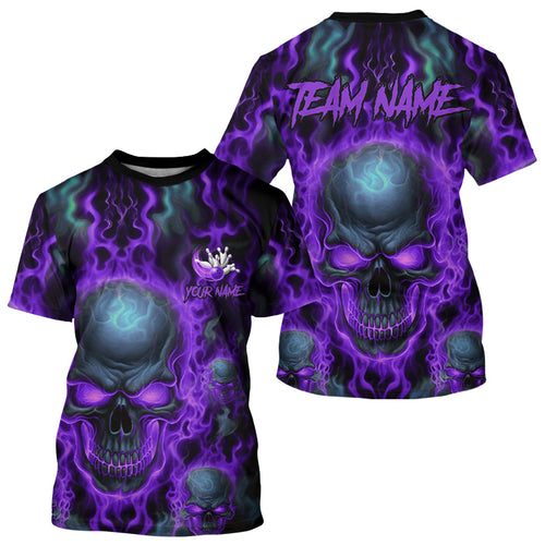 Custom Bowling T-Shirts Men Purple Flame Skull Team Bowling Jerseys Halloween Outfits IPHW5380