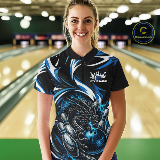 Custom Blue Lightning Dragon Bowling Women Quarter-Zip Shirts, Bowling League Shirt IPHW10355