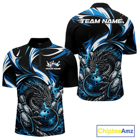 Custom Blue Lightning Dragon Bowling Men Quarter-Zip Shirts, Dragon Bowling League Shirt IPHW10355