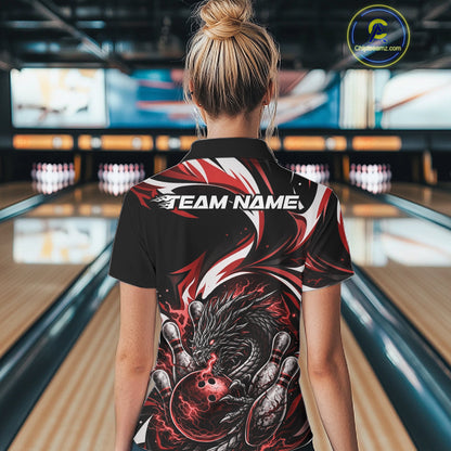 Custom Red Lightning Dragon Bowling Women Polo Shirts, Dragon Bowling League Shirt IPHW10356