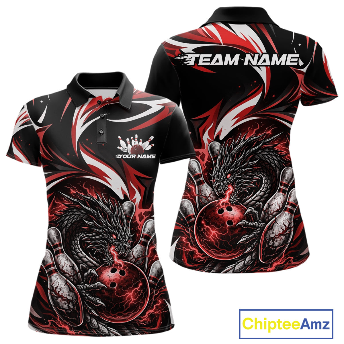 Custom Red Lightning Dragon Bowling Women Polo Shirts, Dragon Bowling League Shirt IPHW10356