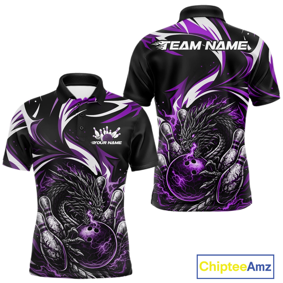 Custom Purple Lightning Dragon Bowling Men Polo Shirts, Dragon Bowling League Shirt IPHW10358