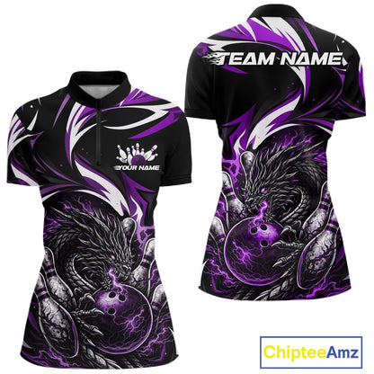 Custom Purple Lightning Dragon Bowling Women Quarter-Zip Shirts, Bowling League Shirt IPHW10358