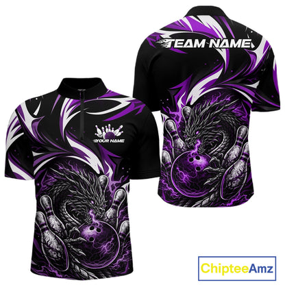 Custom Purple Lightning Dragon Bowling Men Quarter-Zip Shirts, Dragon Bowling League Shirt IPHW10358