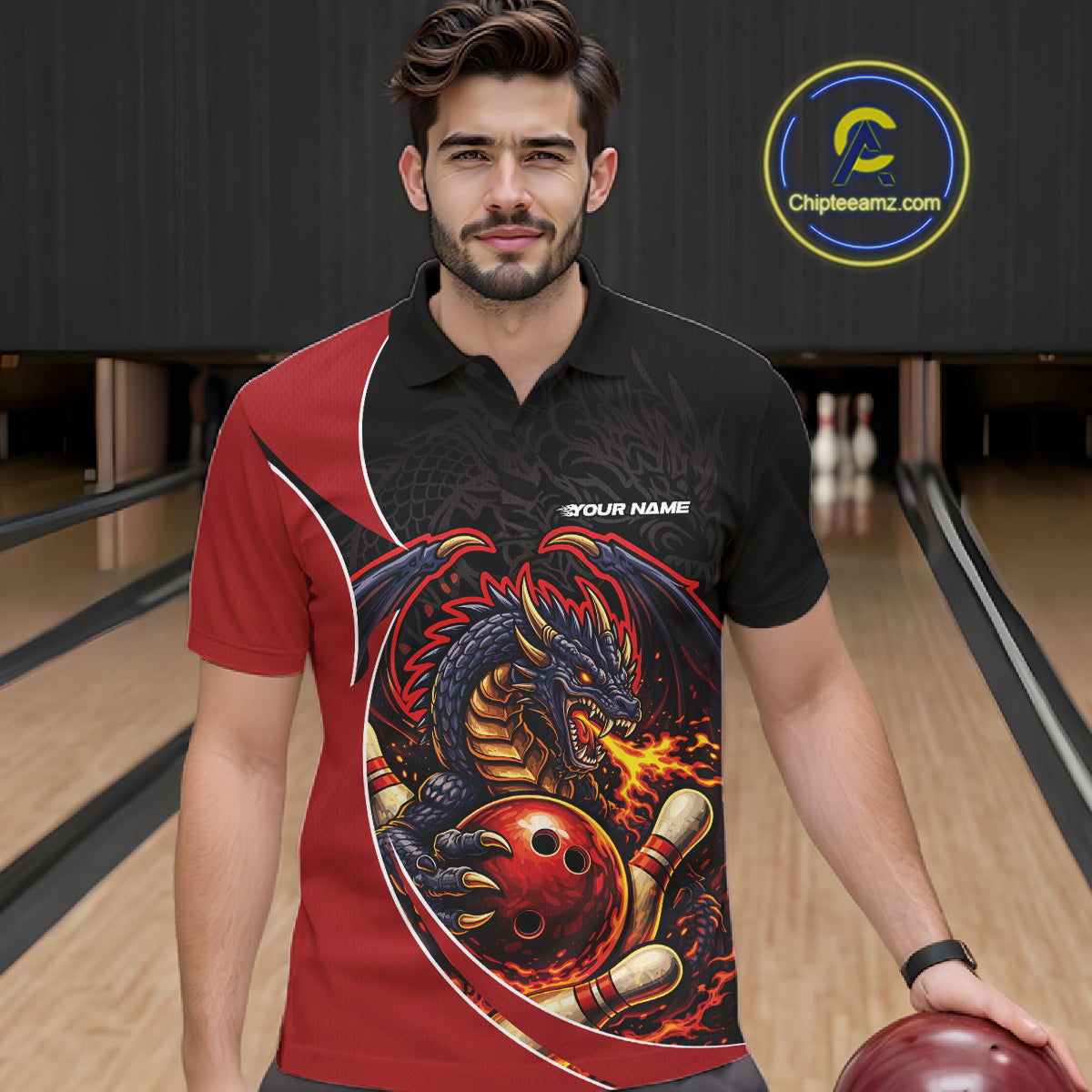Custom Black And Red Fire Dragon Bowling Jerseys, Dragon Bowling Team Men Polo Shirt IPHW10365