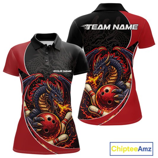 Custom Black And Red Fire Dragon Bowling Jerseys, Dragon Bowling Team Women Polo Shirt IPHW10365