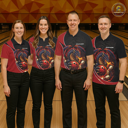 Custom Black And Red Fire Dragon Bowling Jerseys, Dragon Bowling Team Men Polo Shirt IPHW10365