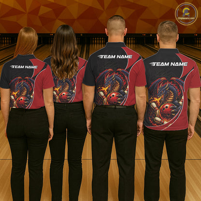 Custom Black And Red Fire Dragon Bowling Jerseys, Dragon Bowling Team Men Polo Shirt IPHW10365