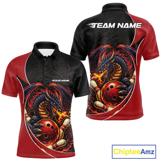 Custom Black And Red Fire Dragon Bowling Jerseys, Dragon Bowling Team Men Polo Shirt IPHW10365