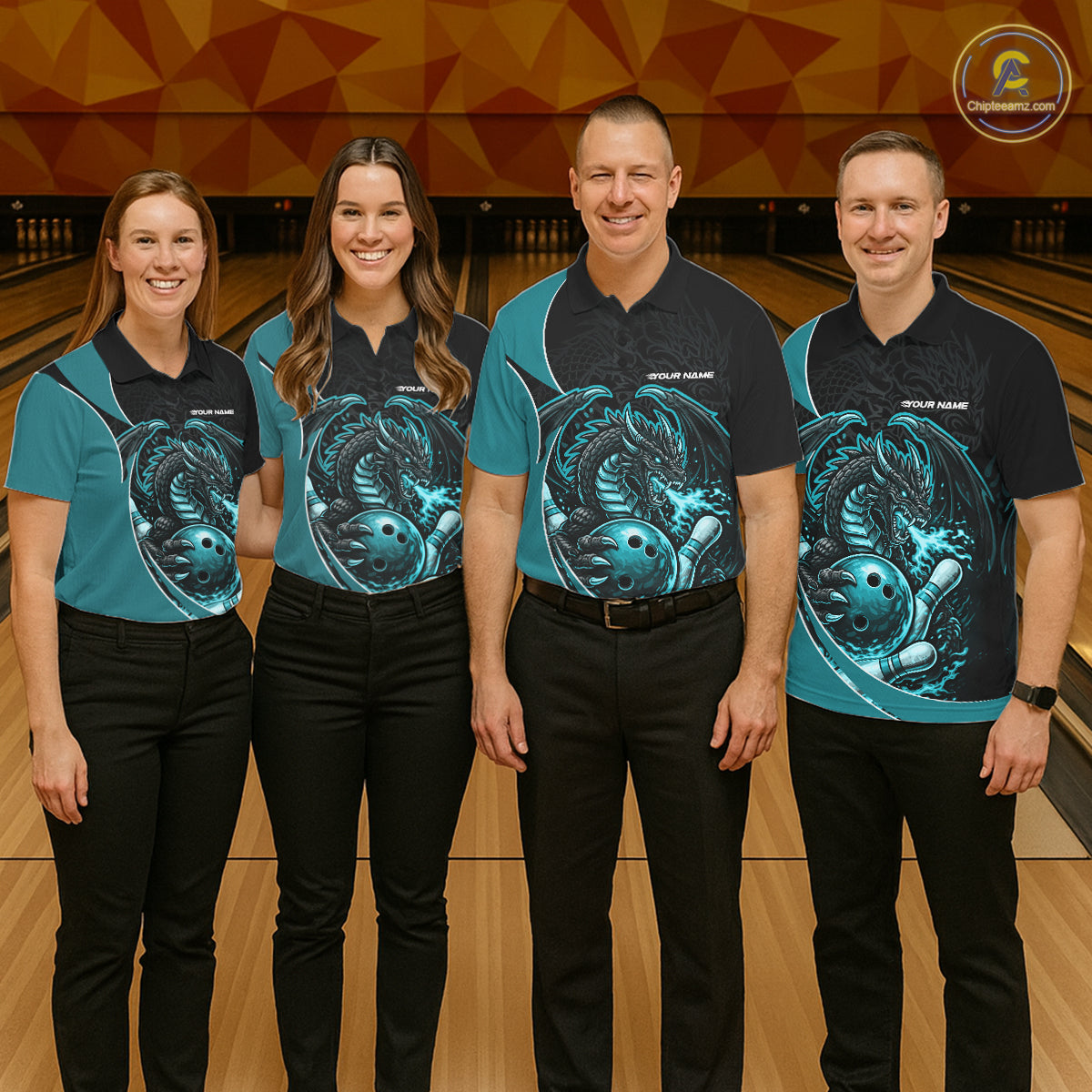 Custom Turquoise Blue Fire Dragon Bowling Jerseys, Dragon Bowling Team Men Polo Shirt IPHW10366