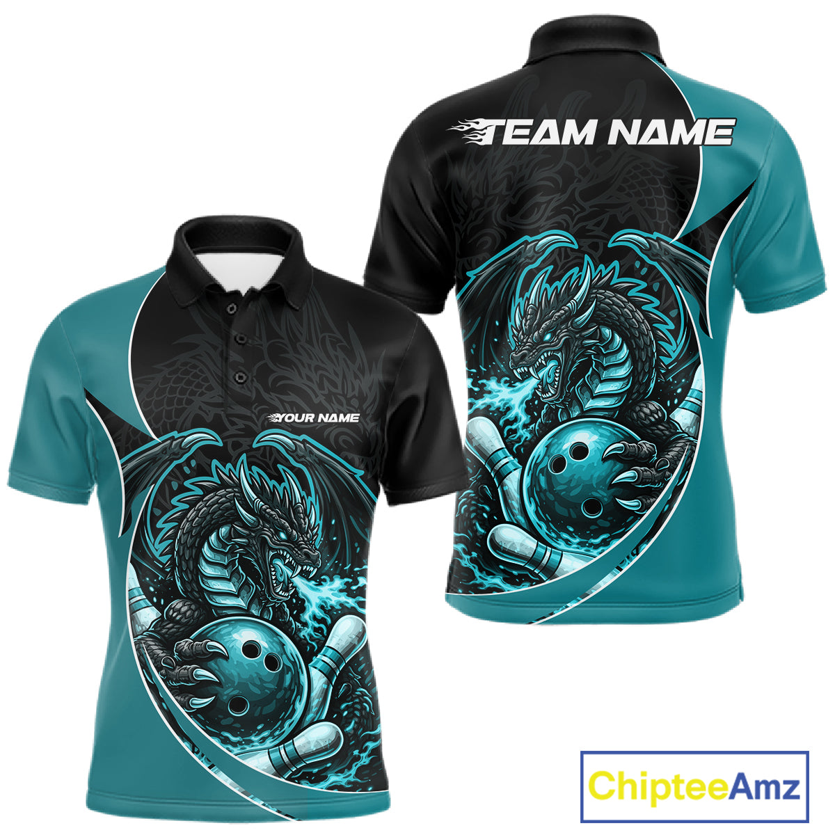 Custom Turquoise Blue Fire Dragon Bowling Jerseys, Dragon Bowling Team Men Polo Shirt IPHW10366