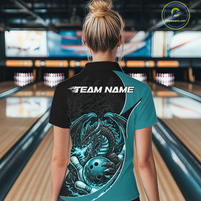 Custom Turquoise Blue Fire Dragon Bowling Jerseys, Bowling Team Women Quarter-Zip Shirt IPHW10366