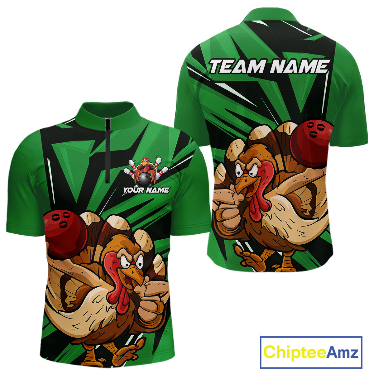 Custom Funny Turkey Bowling Shirts For Men, Green Thanksgiving Bowling Shirt Team Uniform IPHW10677