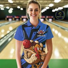 Load image into Gallery viewer, Custom Funny Turkey Bowling Shirts For Women, Blue Thanksgiving Bowling Shirt Team Uniform IPHW10678