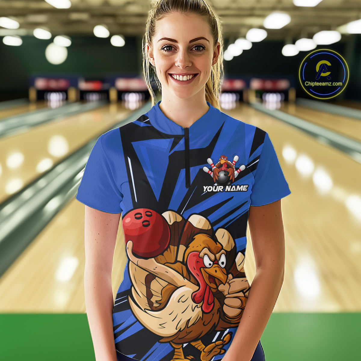 Custom Funny Turkey Bowling Shirts Women, Blue Thanksgiving Bowling Shirt Team Uniform IPHW10678