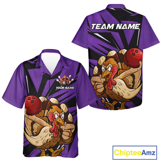 Custom Funny Turkey Bowling Shirts For Men And Women, Purple Thanksgiving Bowling Shirt Team Uniform IPHW10679